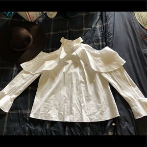 White High Neck Open Shoulder Flutter Sleeve Shirt